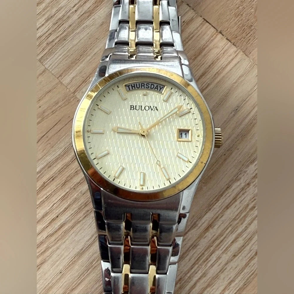 Bulova Luxury Men's Watch Gold Dial and Hands Two-Tone Bracelet Day Date Windows